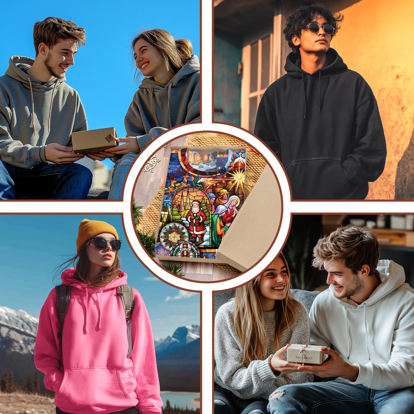 Netecom Christmas Stained Glass 3D Hoodie with Front Pocket, Unisex Casual All Over Nativity Scene Graphic Sweatshirt