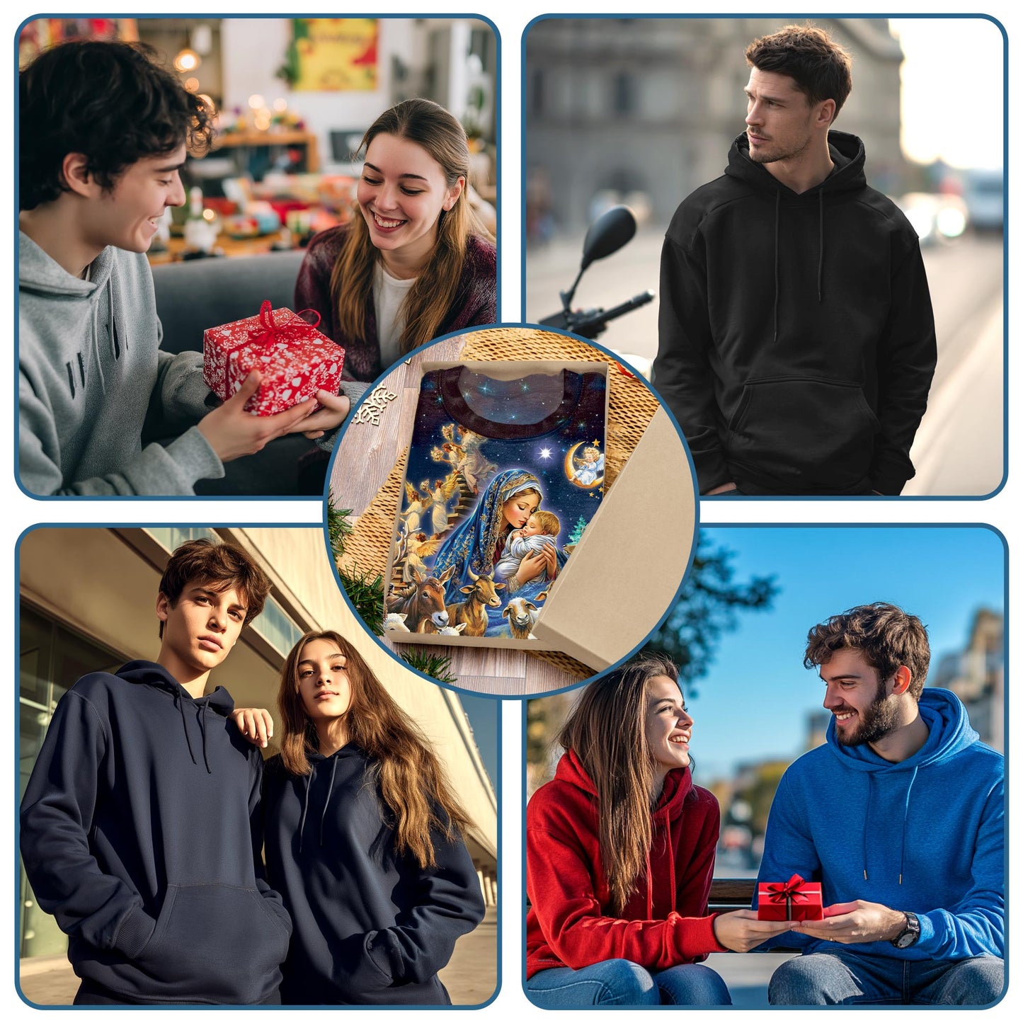 Netecom Nativity Scene Print Hoodie with Front Pocket, All Over Holy Family Christian Graphic Sweatshirt Unisex Casual