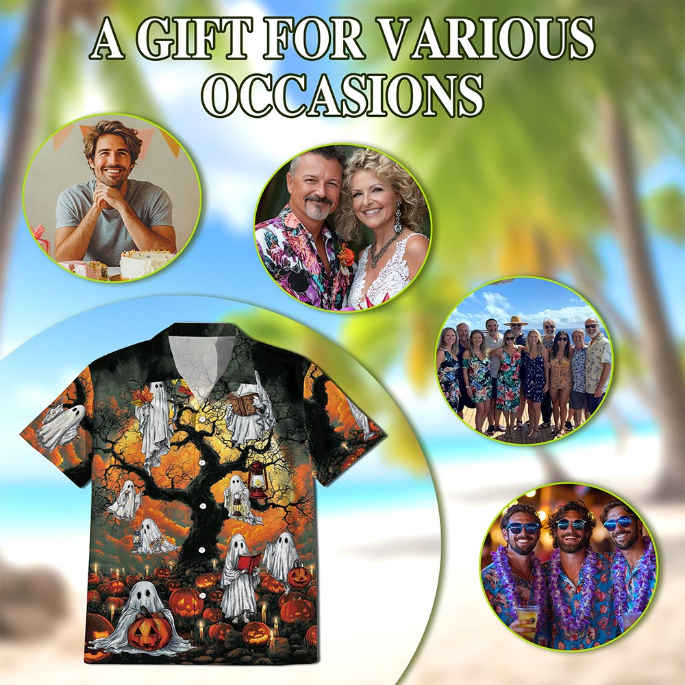 Netecom Ghost Halloween Hawaiian Shirt for Men, Halloween Present, Pumpkins Button Down Summer Beach Shirts, S-5XL