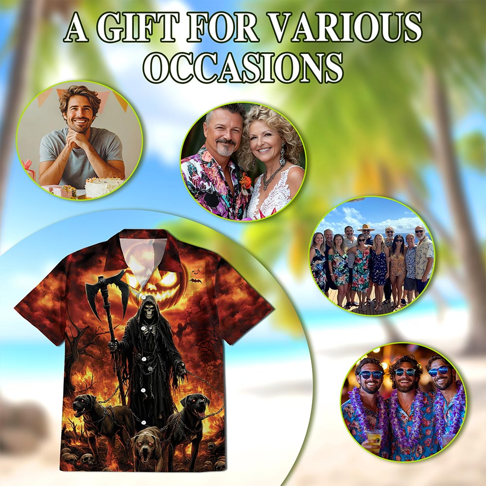 Netecom Grim Reaper Hawaiian Shirt for Men, Halloween Present, Dark Hellhound Button Down Summer Beach Shirts, S-5XL