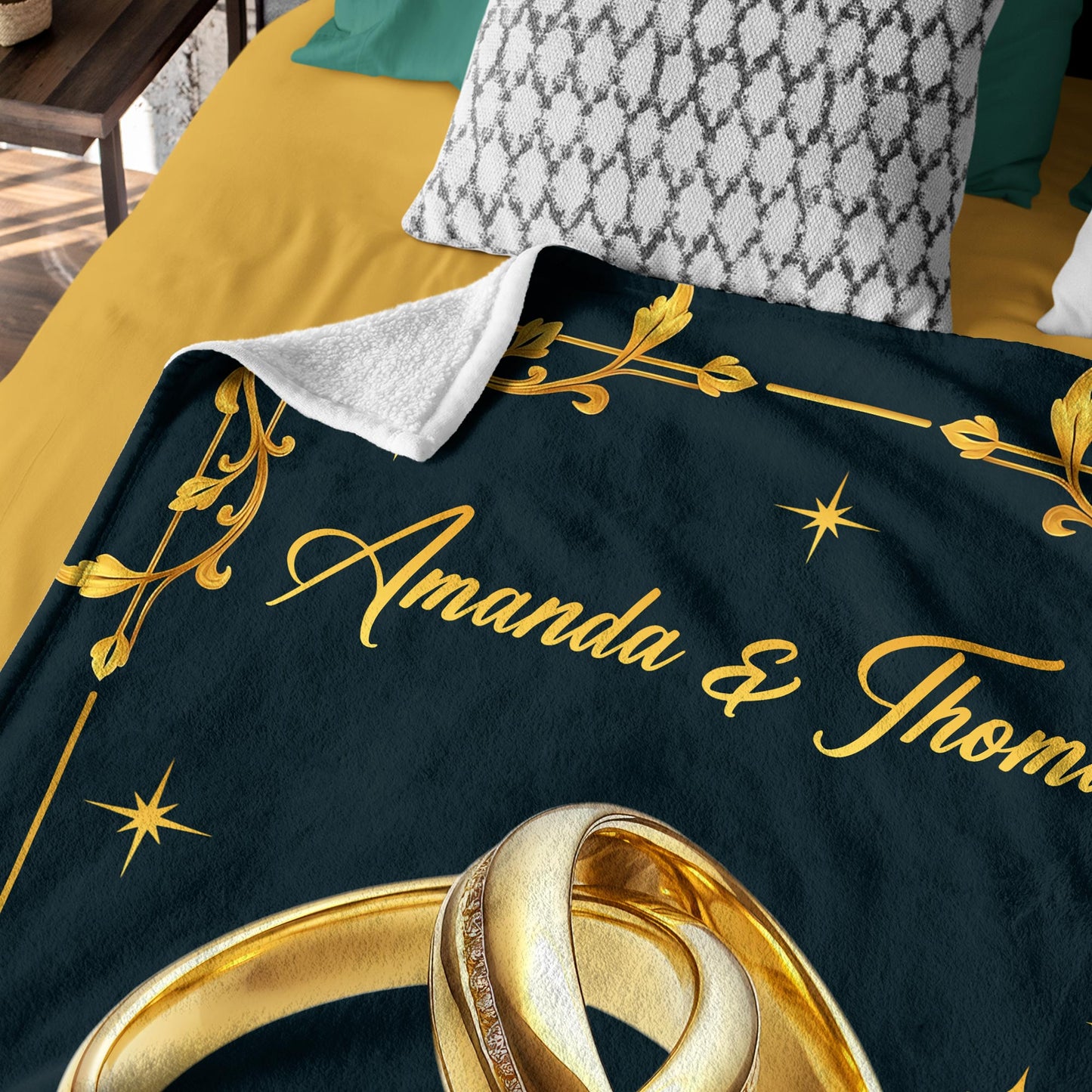 Netecom Personalized Wedding Anniversary Blanket for Couple, Custom Name and Year Throw Blanket with Gold Rings for Couch, Bed or Sofa, Romantic Gift for Husband & Wife, Engagement or Valentine’s Day