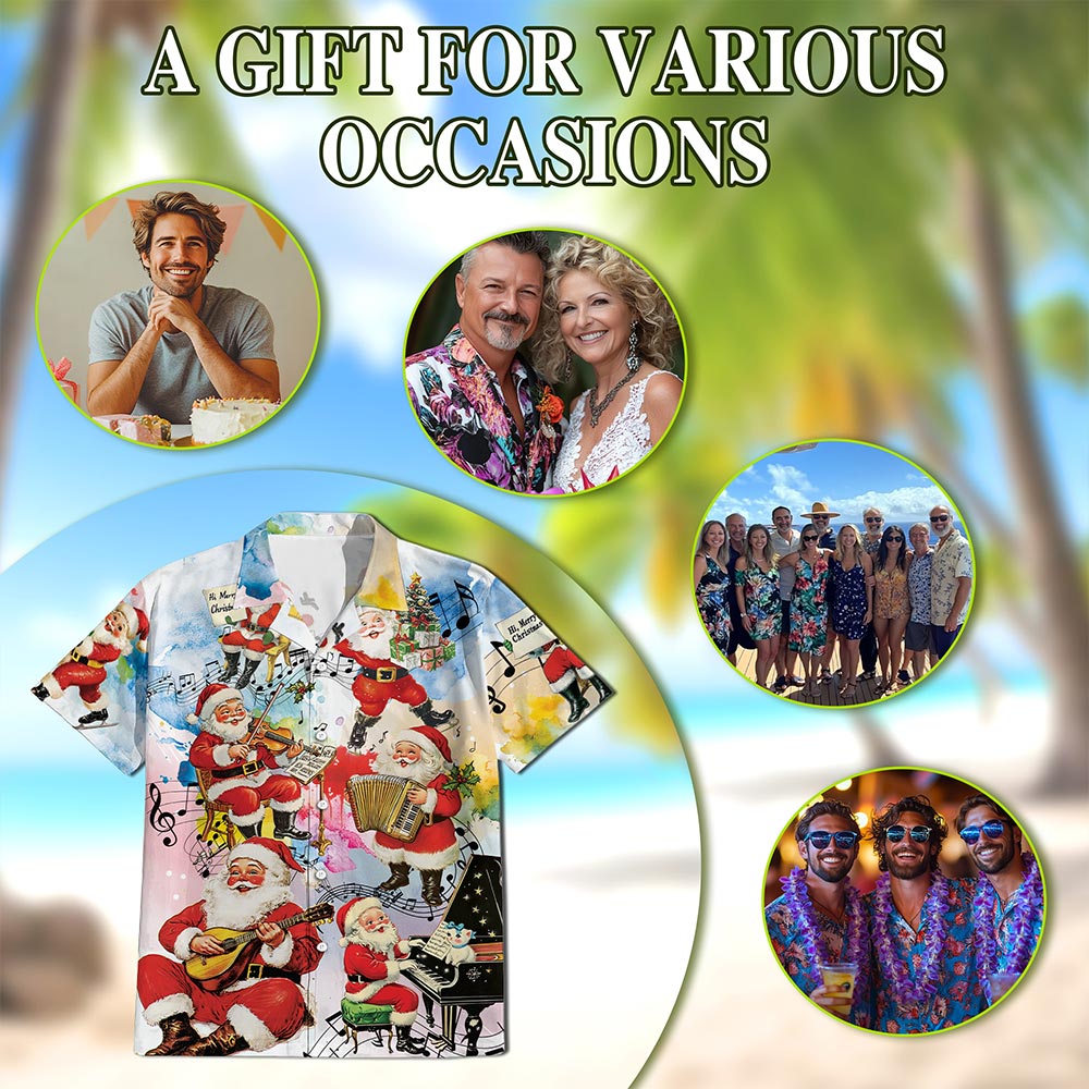 Netecom Musical Santa Claus Christmas Hawaiian Shirt, Funny Holiday Button Down Summer Beach Short Sleeve Shirt, S-5XL