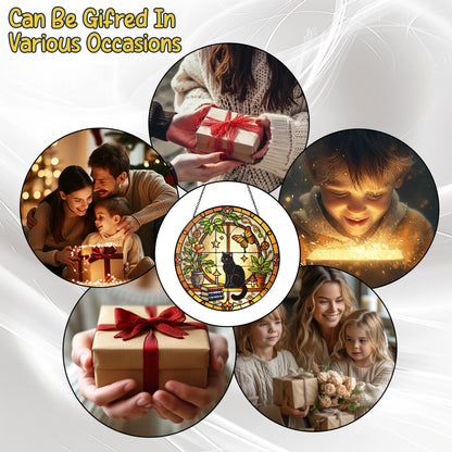 Netecom Black Cat and Books Stained Glass Suncatcher, Golden Floral Window Hanging, Cozy Home Decor, Christmas Gift for Cat Lovers and Book Enthusiasts