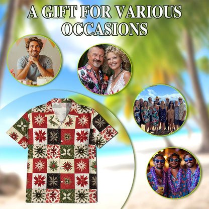 Netecom Christmas Quilt Pattern Hawaiian Shirt for Men, Patchwork Style Button Down Summer Beach Shirts, S-5XL