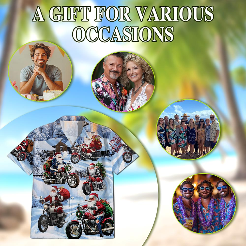 Netecom Santa Claus Motorcycle Christmas Hawaiian Shirt for Men Women, Winter Snow Button Down Summer Beach Shirts, S-5XL