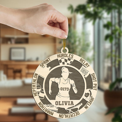 Netecom Track & Field Player Ornament – Personalized Wooden Decoration with Name & Athletic Terms