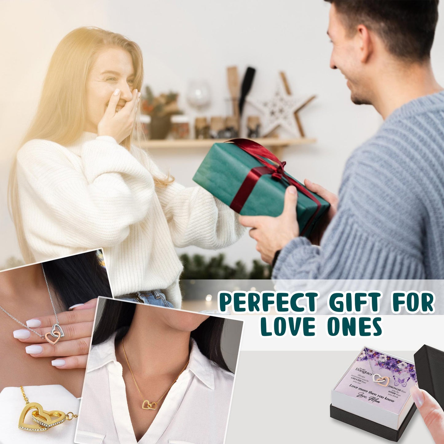 Netecom Personalized To My Daughter Necklace from Mom – Interlocking Heart Custom Jewelry Gift with Message Card & Elegant Box for Birthday, Graduation, Christmas