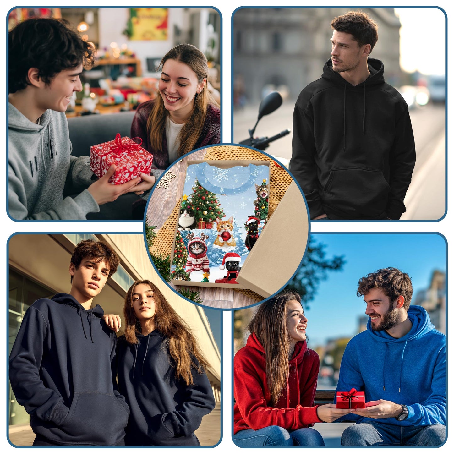 Netecom Cat Christmas Santa Print Hoodie with Front Pocket, Cat Lover Gift, All Over Graphic Animal Sweatshirt Unisex Casual