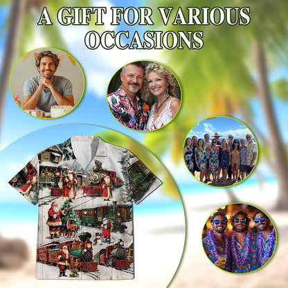 Netecom Vintage Christmas Train Hawaiian Shirt, Old-Fashioned Holiday Santa Button Down Summer Beach Short Sleeve Shirt, S-5XL