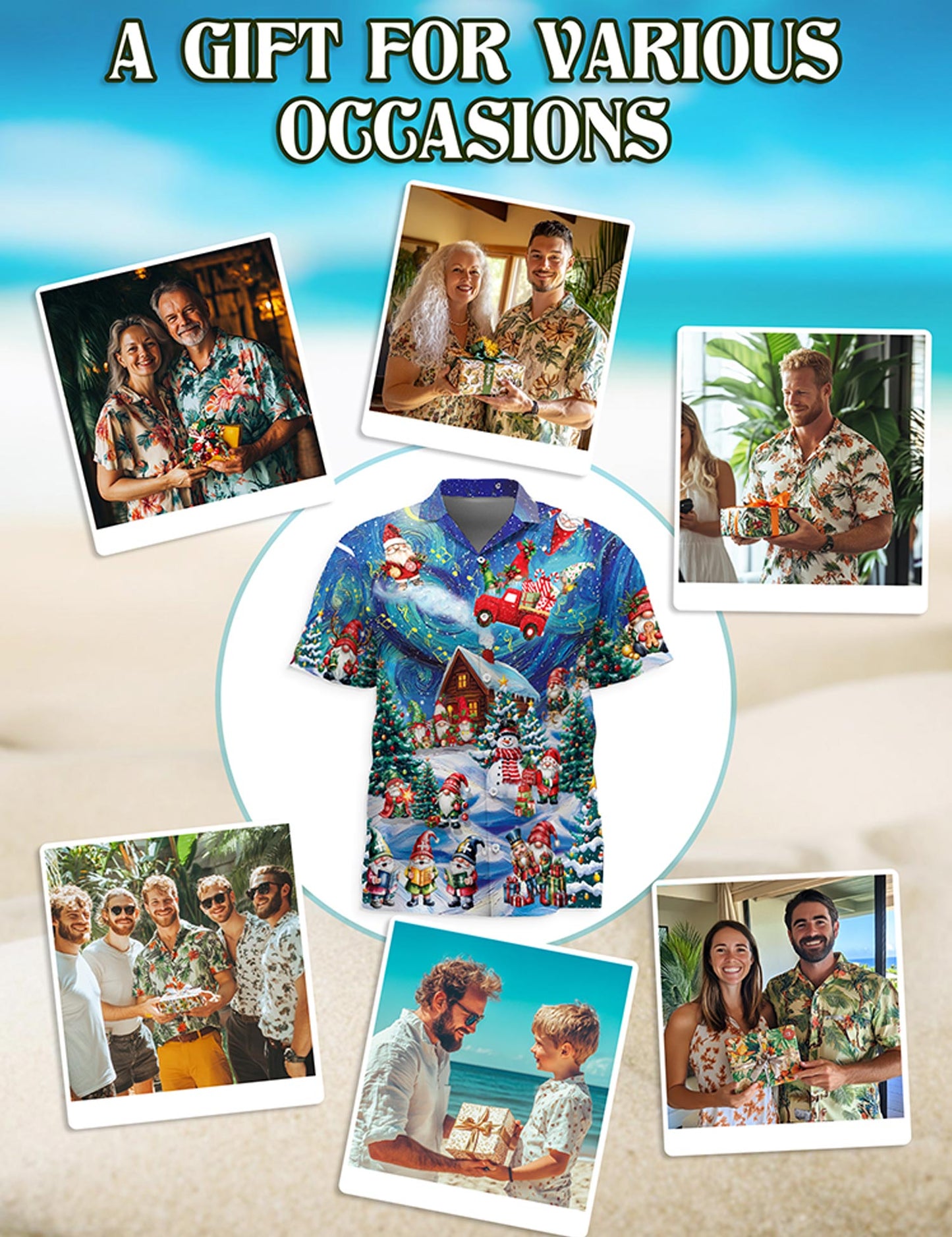 Netecom Christmas Gnome Hawaiian Shirt, Funny Santa Elf and Snowman Holiday Cabin Print Short Sleeve Button Down Shirt, S-5XL