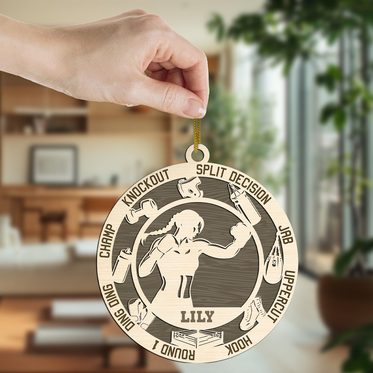 Netecom Personalized Boxing Ornament – Custom Wood Boxing Christmas Decoration with Engraved Name and Sports Design