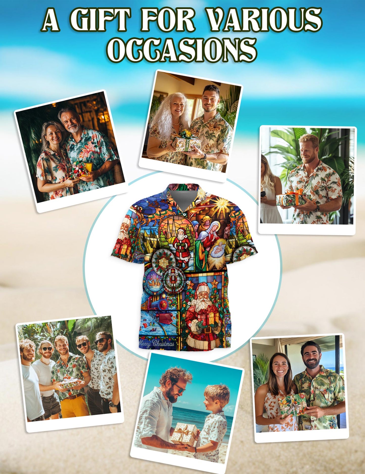 Netecom Christmas Stained Glass Hawaiian Shirt for Men, Nativity Scene Santa Claus Aloha Button Down Summer Beach Shirt, S-5XL