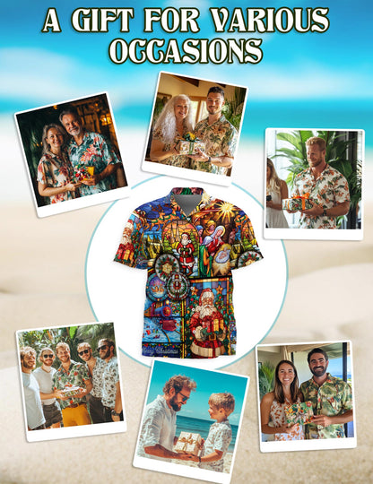 Netecom Christmas Stained Glass Hawaiian Shirt for Men, Nativity Scene Santa Claus Aloha Button Down Summer Beach Shirt, S-5XL