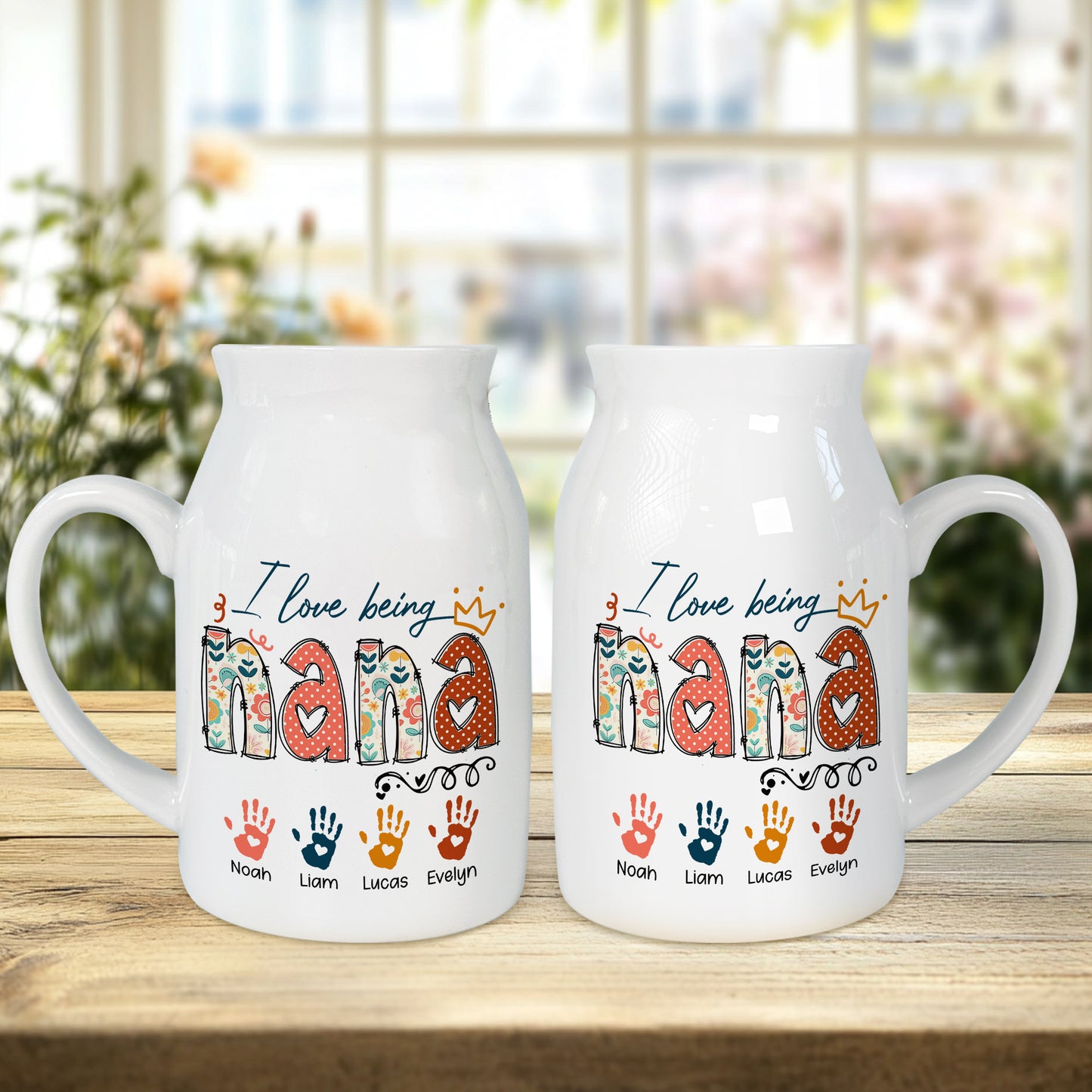 Netecom Personalized I Love Being NANA Ceramic Mug , Custom Grandkids Names and Handprints Coffee Cup , Unique Christmas or Mother's Day Gift for Grandma