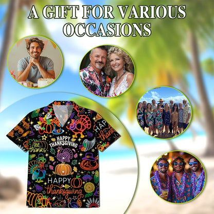 Netecom Neon Thanksgiving Hawaiian for Men Women, Happy Turkey Day Button Down Summer Beach Short Sleeve Shirts, S-5XL