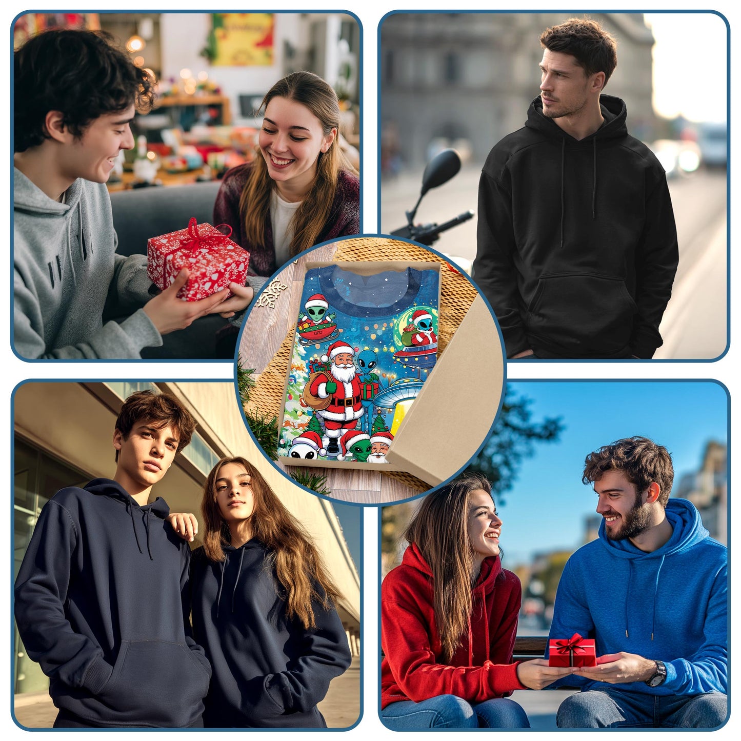 Netecom Alien and Santa Claus Christmas Print Hoodie with Front Pocket, All Over Funny UFO Graphic Sweatshirt Unisex Casual