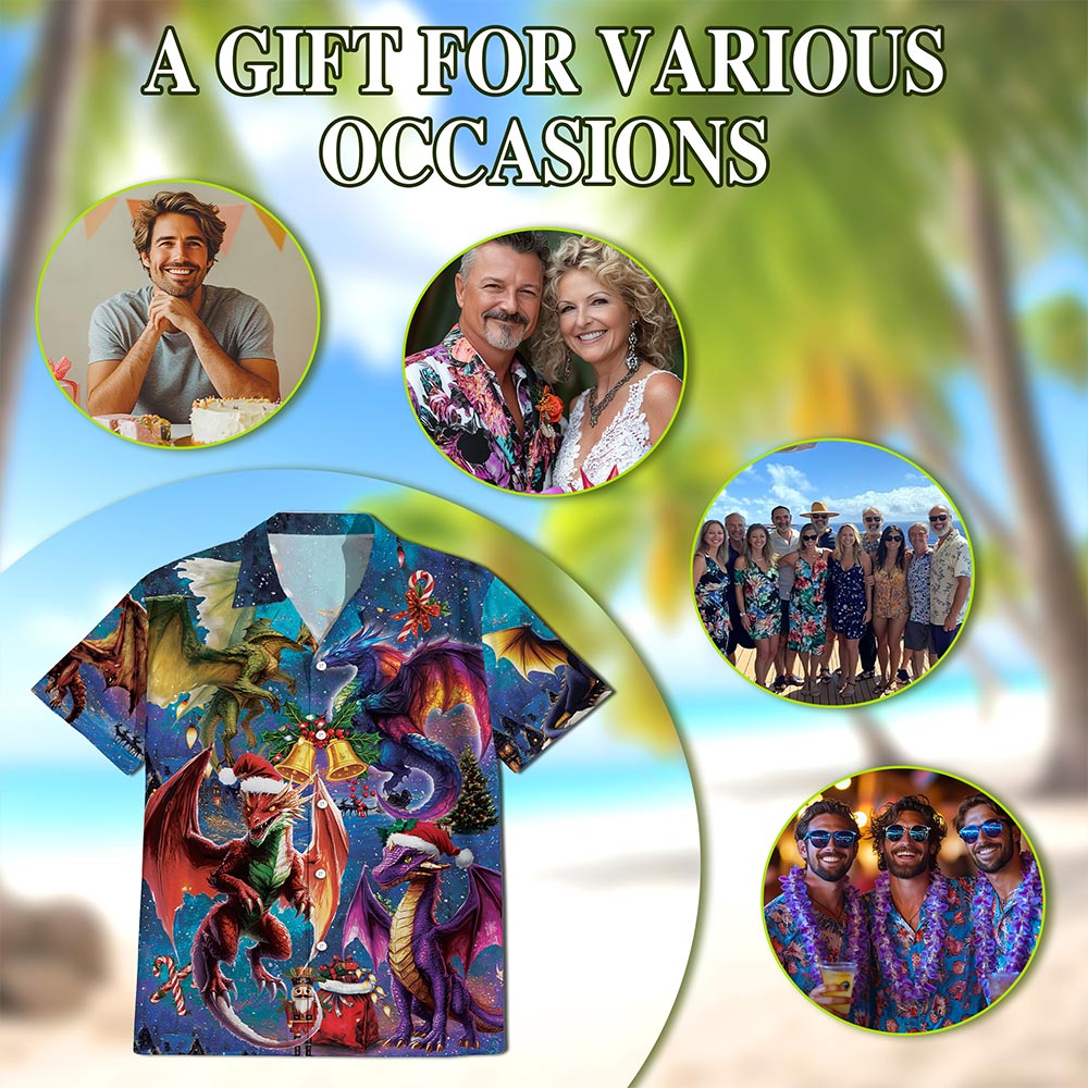 Netecom Christmas Dragon Hawaiian Shirt, Fantasy Holiday Fire Dragon Button Down Summer Beach Short Sleeve Shirt, S-5XL