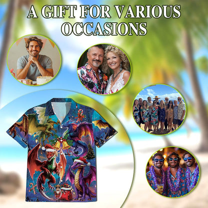 Netecom Christmas Dragon Hawaiian Shirt, Fantasy Holiday Fire Dragon Button Down Summer Beach Short Sleeve Shirt, S-5XL