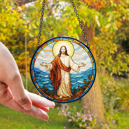 Netecom Jesus Stained Glass Suncatcher, 8 in – Religious Window Ornament for Home & Church