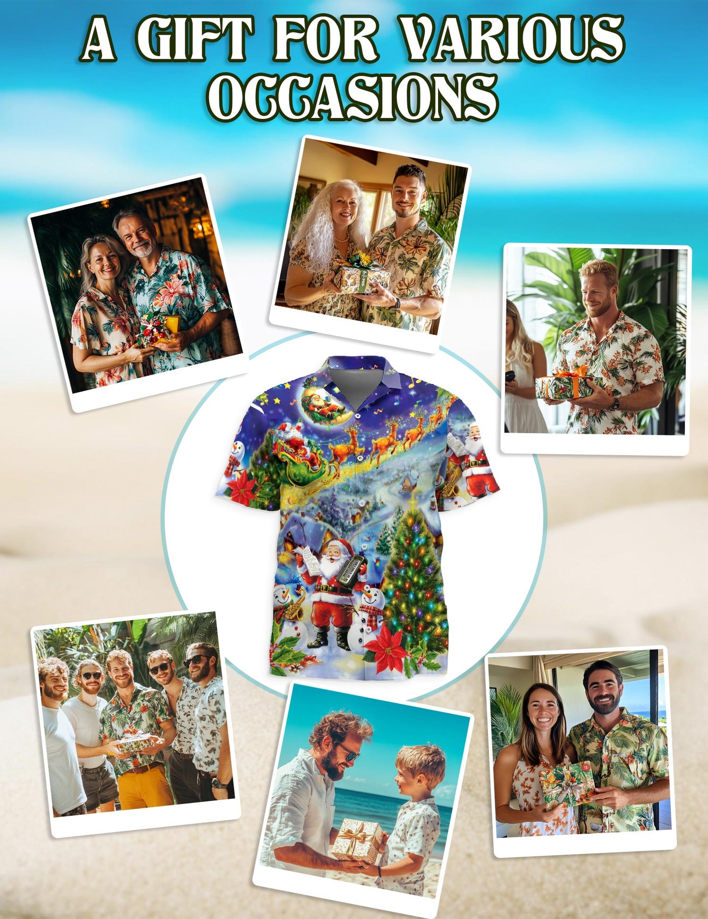 Netecom Santa Claus and Snowman Hawaiian Shirt for Men, Festive Christmas Music Tree Button DownShirt, S-5XL