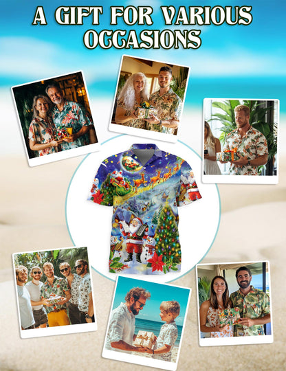 Netecom Santa Claus and Snowman Hawaiian Shirt for Men, Festive Christmas Music Tree Button DownShirt, S-5XL