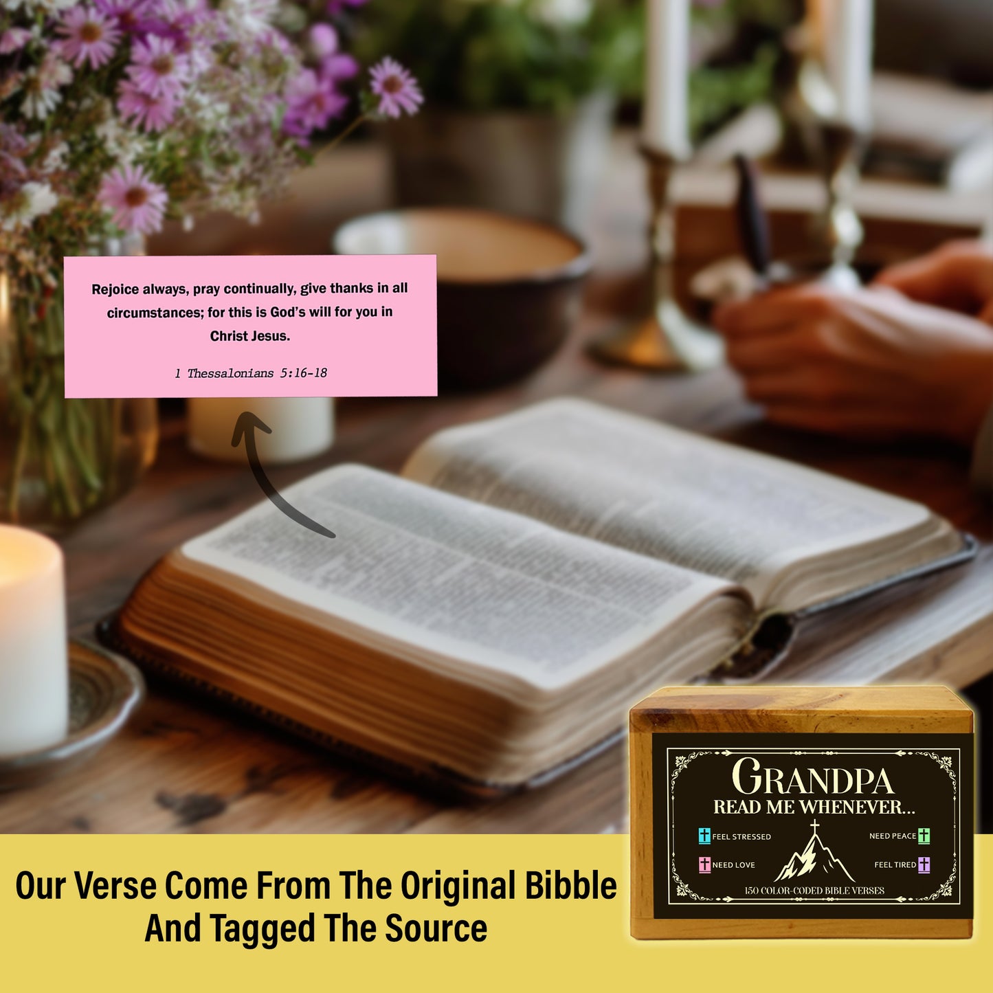 Grandpa Bible Verses Wooden Box with Walnut Cross – 150 Color-Coded Christian Scriptures for Peace, Love, Strength & Encouragement – Perfect Gift for Grandfather