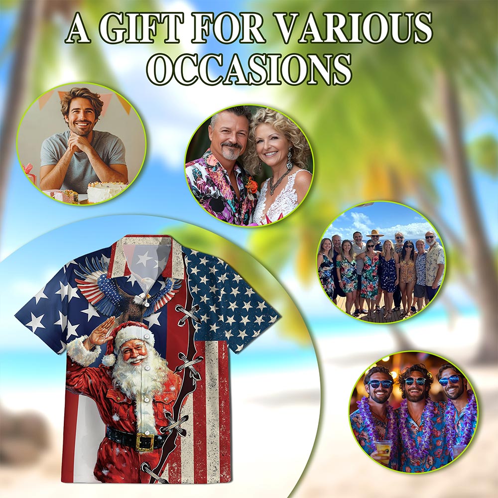 Netecom Patriotism American Christmas Hawaiian Shirt for Men, Santa Eagle USA Flag Button Down Summer Beach Shirts, S-5XL