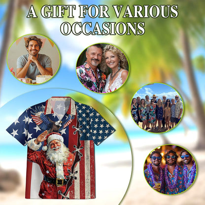 Netecom Patriotism American Christmas Hawaiian Shirt for Men, Santa Eagle USA Flag Button Down Summer Beach Shirts, S-5XL