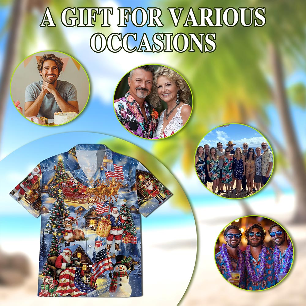 Netecom Patriotic Santa Claus Christmas Hawaiian Shirt for Men, USA Flag Holiday Print Button Down Summer Beach Shirt, S-5XL