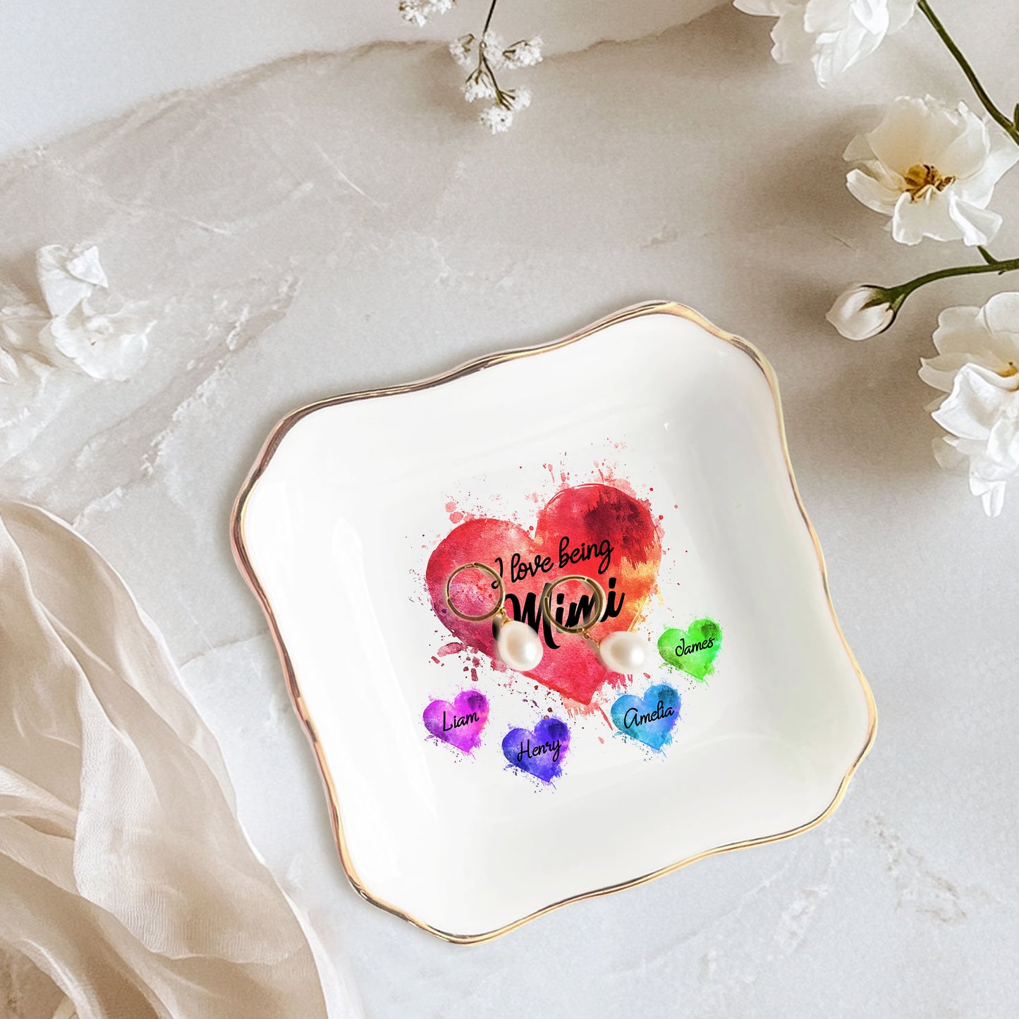 Netecom Personalized I Love Being Custom Title Jewelry Tray, Custom Names Ceramic Ring Dish with Heart Design, Mother's Day & Christmas Gift