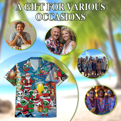 Netecom Alien and Santa Claus Christmas Hawaiian Shirt for Men, Funny UFO Holiday Button Down Summer Beach Shirts, S-5XL