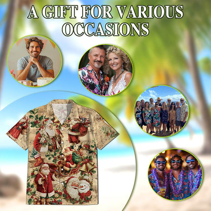 Netecom Vintage Santa Claus Christmas Hawaiian Shirt, Musical Holiday Button Down Summer Beach Short Sleeve Shirt, S-5XL