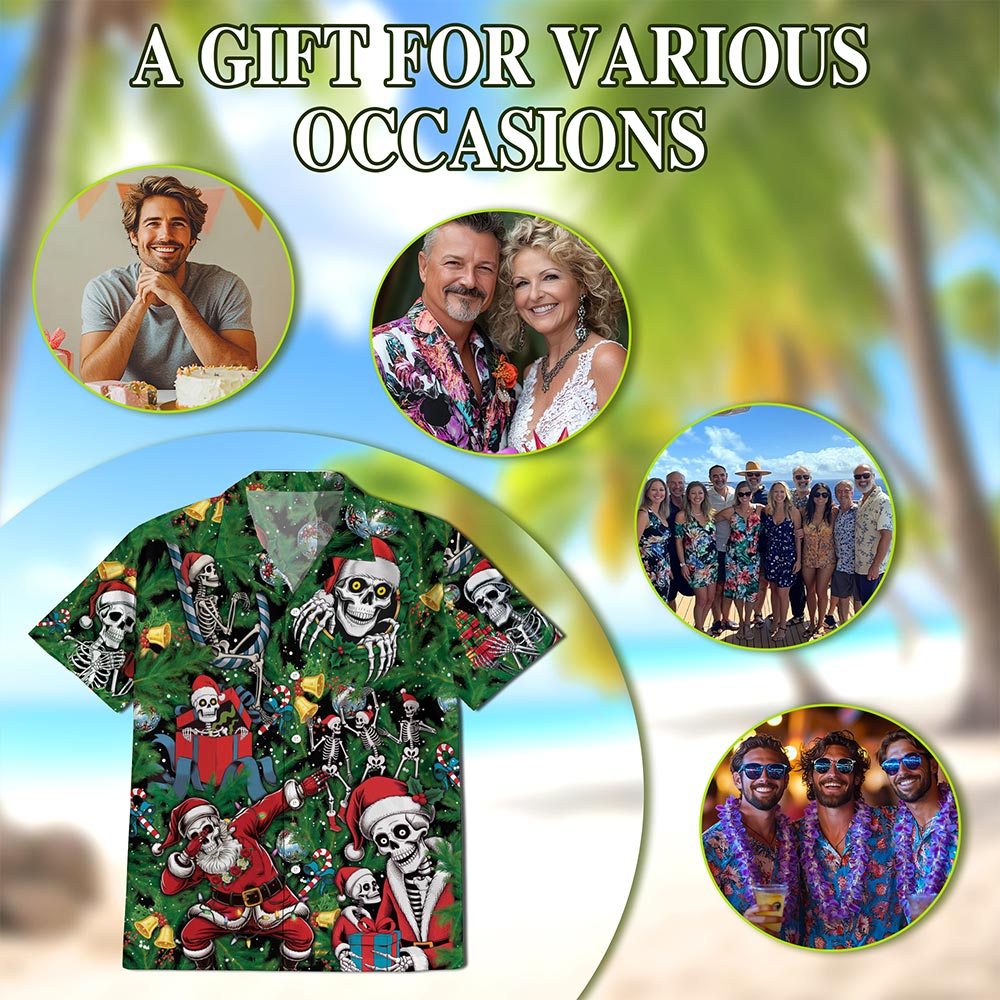 Netecom Skeleton Santa Claus Christmas Hawaiian Shirt for Men, Funny Skull Holiday Button Down Summer Beach Shirt, S-5XL