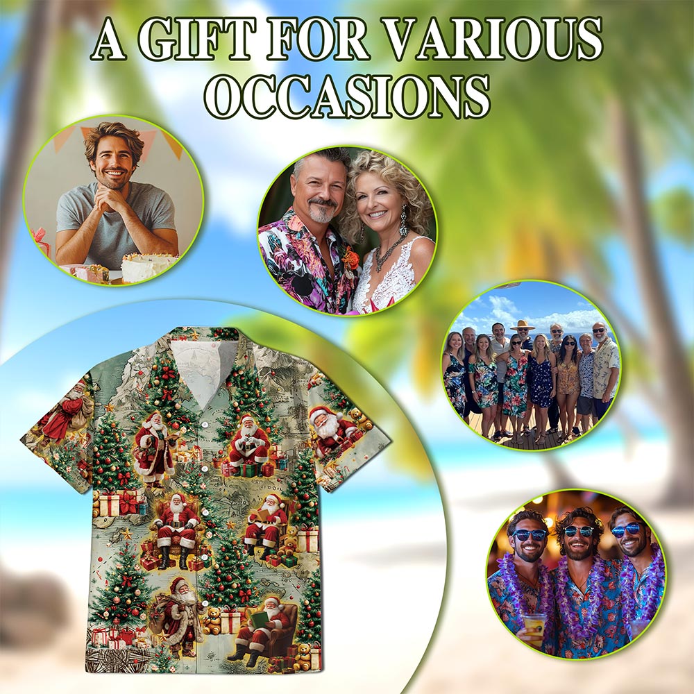 Netecom Vintage Santa Claus Christmas Hawaiian Shirt for Men Women, Map Button Down Summer Beach Short Sleeve Shirts, S-5XL