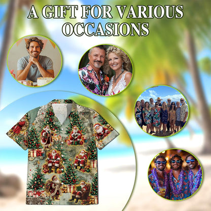 Netecom Vintage Santa Claus Christmas Hawaiian Shirt for Men Women, Map Button Down Summer Beach Short Sleeve Shirts, S-5XL