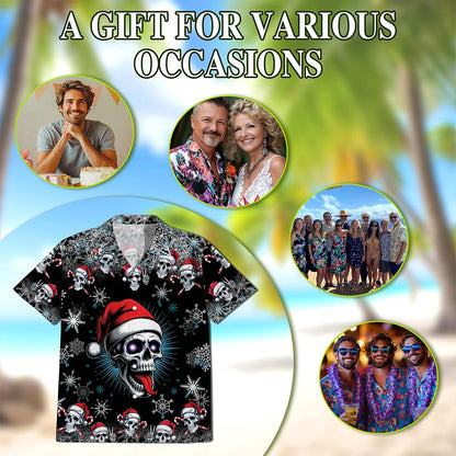 Netecom Skull Christmas Hawaiian Shirt for Men Women, Santa Hat Skeleton Button Down Summer Beach Short Sleeve Shirts, S-5XL