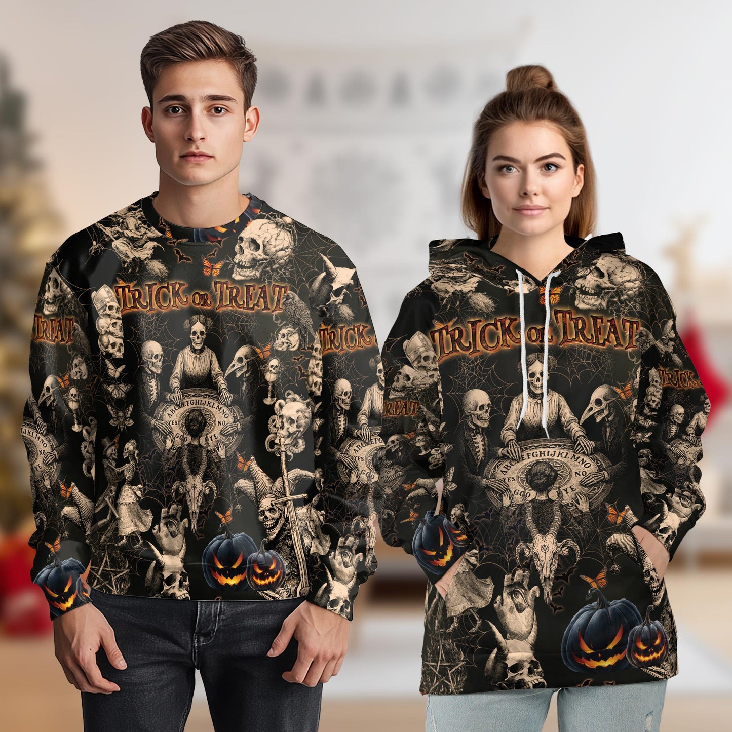 Netecom Vintage Skull Halloween 3D Print Hoodie with Front Pocket, All Over Graphic Pullover Sweatshirt Unisex Casual