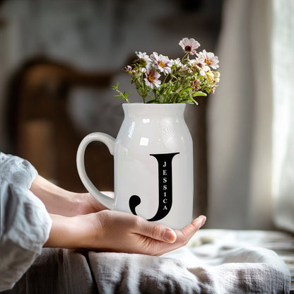 Netecom Personalized Ceramic Pitcher Vase with Custom Gold Floral Letter and Name, Elegant Home Decor Gift for Christmas, Mother’s Day, or Housewarming