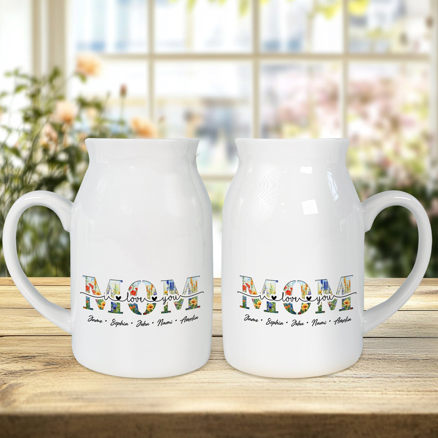 Netecom Personalized MOM Flower Vase with Custom Names, Elegant Ceramic Jug Gift for Birthday, Christmas, or Mother’s Day