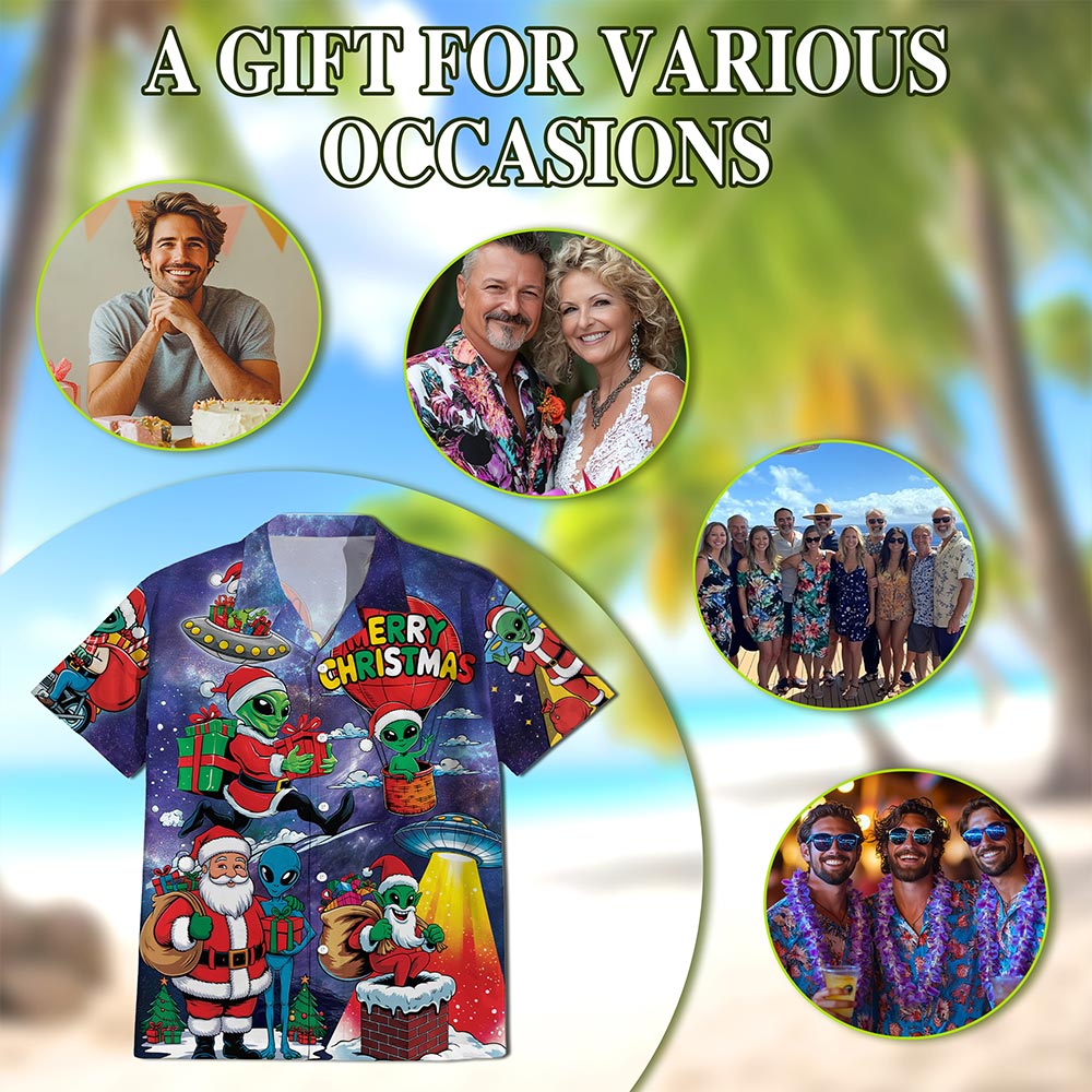 Netecom Alien Santa Claus Christmas Hawaiian Shirt for Men, Funny Galaxy Space Holiday Button Down Summer Beach Shirts, S-5XL