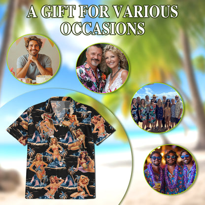 Netecom Tropical Pinup Girl Black Hawaiian Shirt for Men Women, Beautiful Girl Button Down Summer Beach Shirts