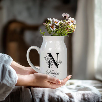 Netecom Elegant Gold Monogram Ceramic Pitcher, Personalized Floral Vase for Christmas, Weddings, or Holiday Home Decor