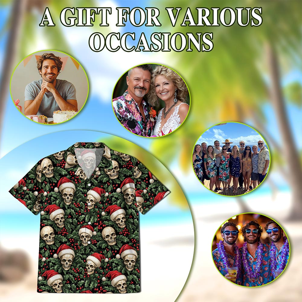 Netecom Skull Santa Hat Christmas Hawaiian Shirt for Men, Gothic Holiday Button Down Summer Beach Short Sleeve Shirts, S-5XL