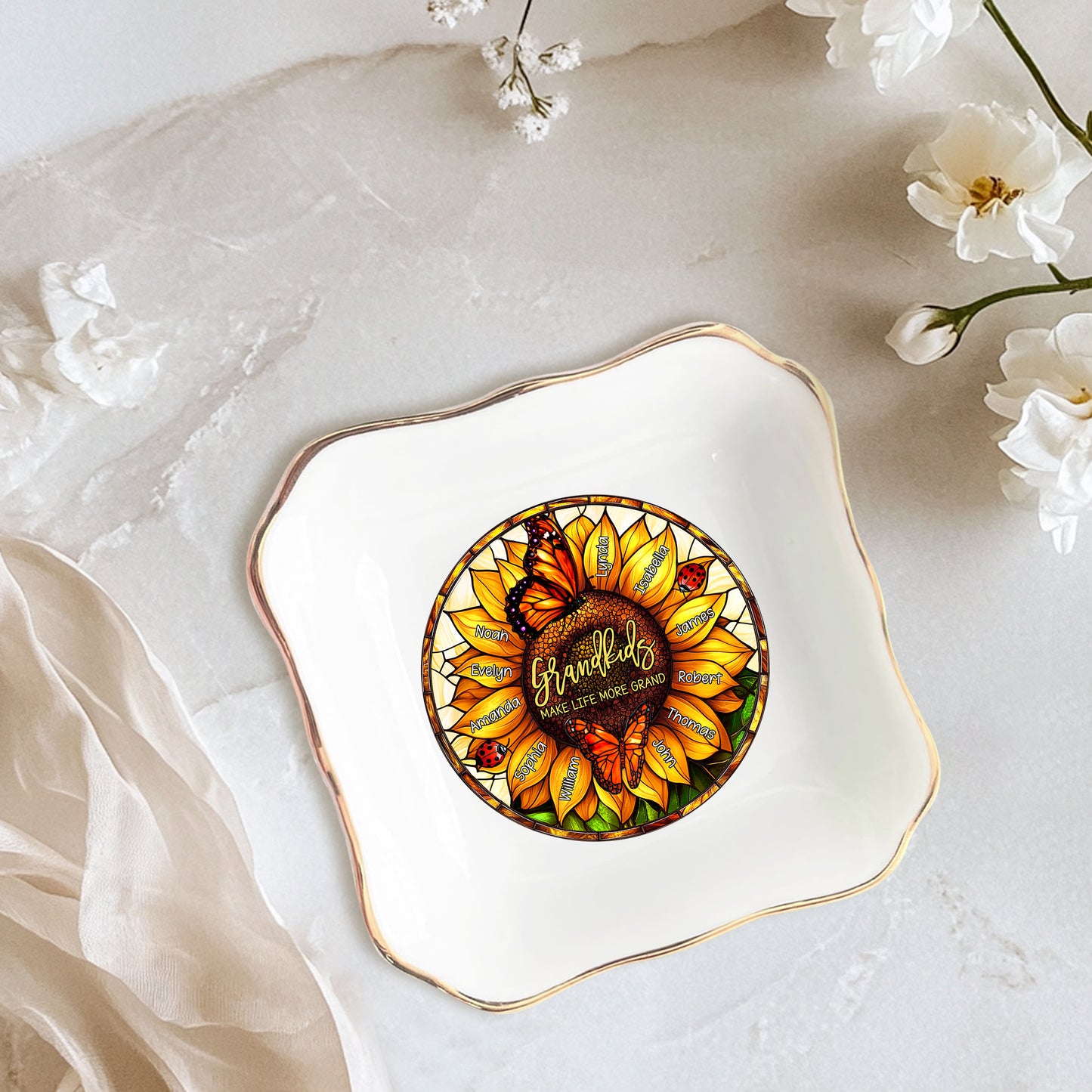 Netecom Personalized Grandma’s Garden Jewelry Tray , Custom Birth Month Flower Ring Dish , Names Ceramic Keepsake for Mother's Day & Christmas