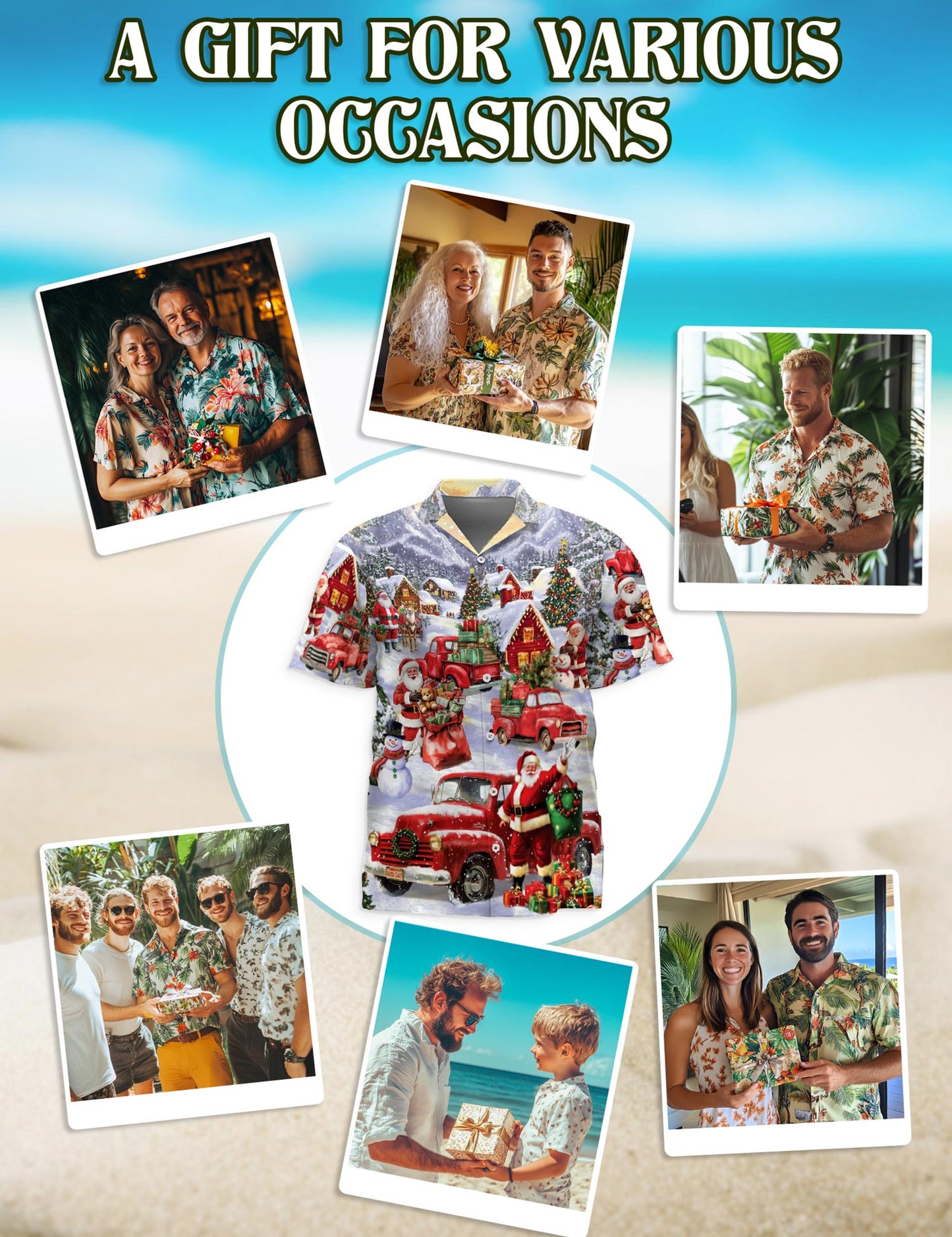 Netecom Christmas Red Truck Hawaiian Shirt for Men Women, Santa Claus Snow Button Down Beach Short Sleeve Shirts, S-5XL