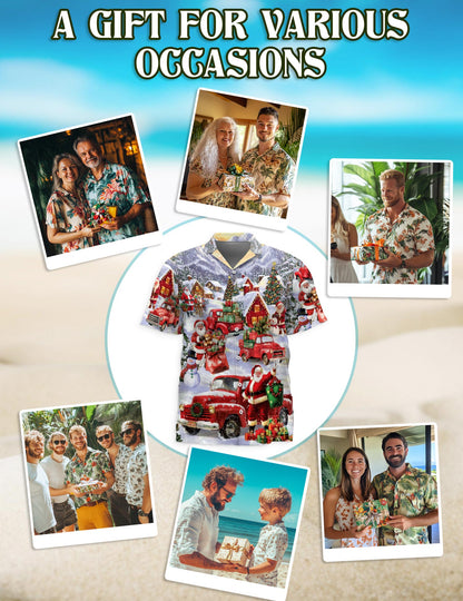 Netecom Christmas Red Truck Hawaiian Shirt for Men Women, Santa Claus Snow Button Down Beach Short Sleeve Shirts, S-5XL
