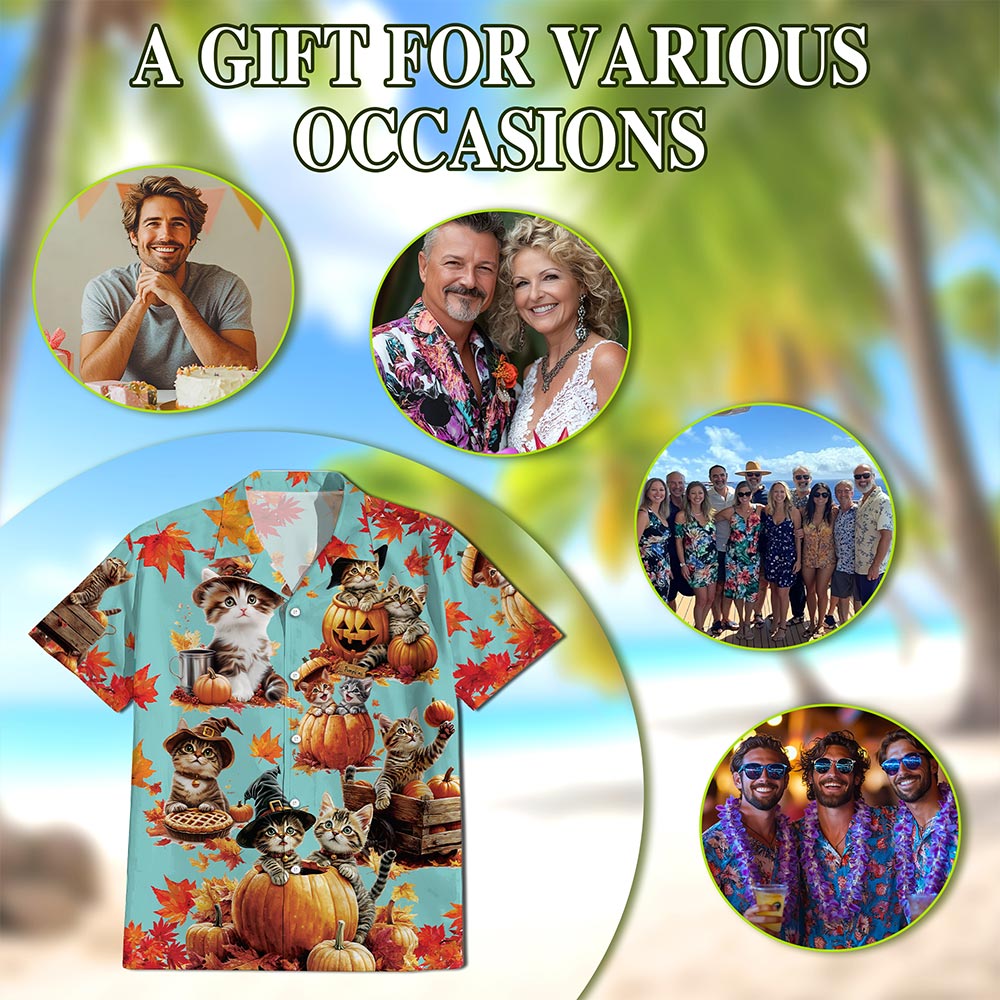 Netecom Cat Pumpkin Hawaiian Shirt for Men, Cute Kitten Halloween Holiday Button Down Summer Beach Short Sleeve Shirt, S-5XL