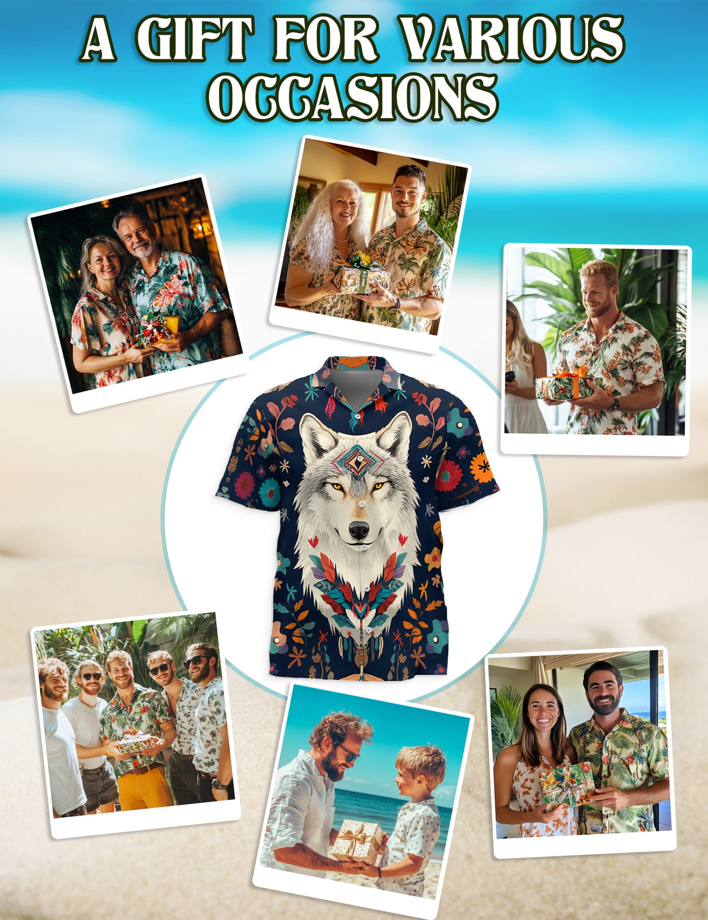 Netecom Wolf Art Hawaiian Shirt for Men, Wolf Lover Gifts, Wild Vintage Button Down Summer Beach Shirts