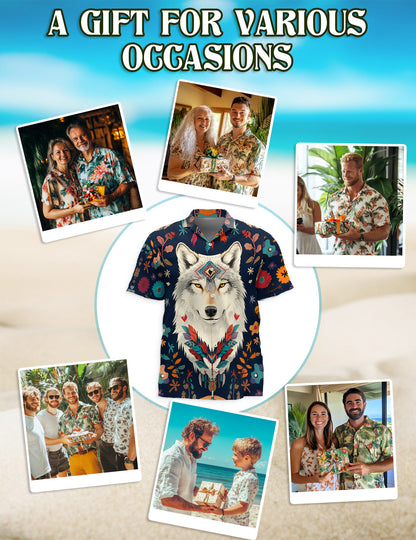 Netecom Wolf Art Hawaiian Shirt for Men, Wolf Lover Gifts, Wild Vintage Button Down Summer Beach Shirts