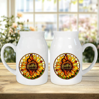 Netecom Personalized Sunflower Ceramic Jug Mug , Custom Grandkids Names and Stained Glass Flower Print , Unique Christmas or Mother's Day Gift for Grandma